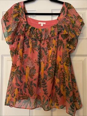 LC Lauren Conrad Coral Pink Parrot Print Ruffle Neck Blouse